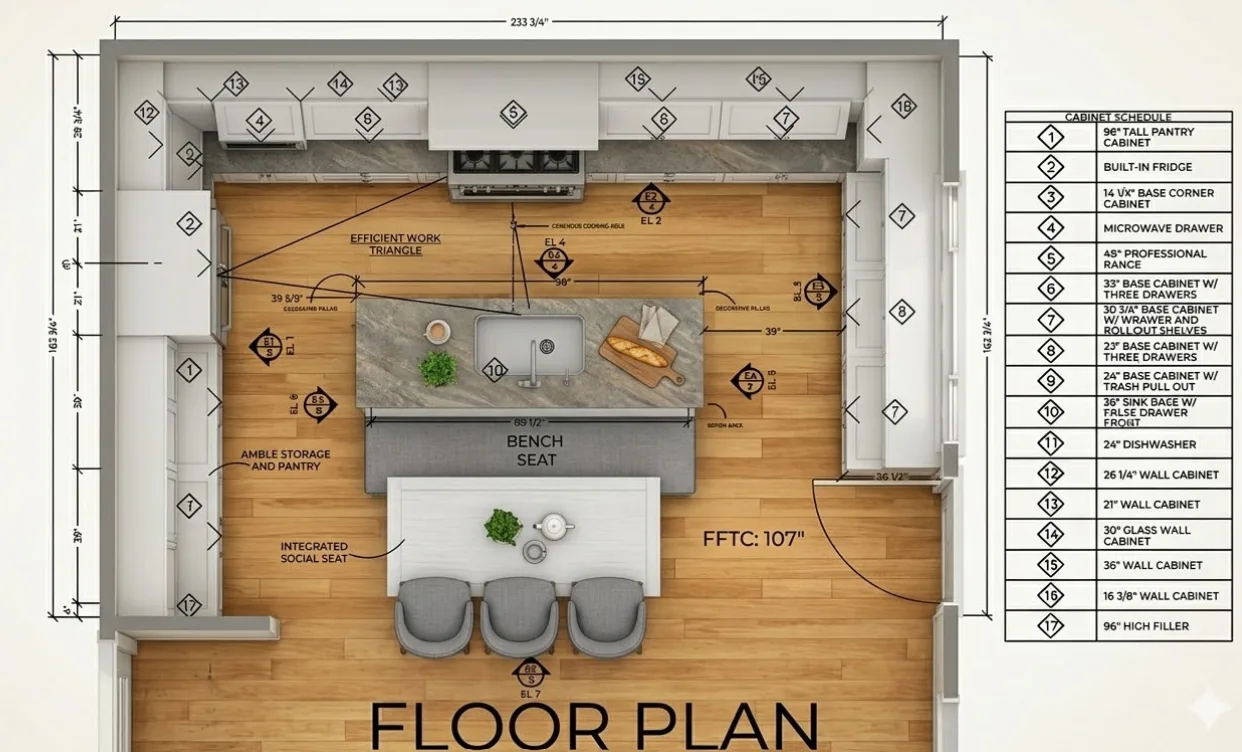 A 3D dollhouse view of the Davis kitchen plan seen from above, with the island, bench seat and cabinet schedule labelled