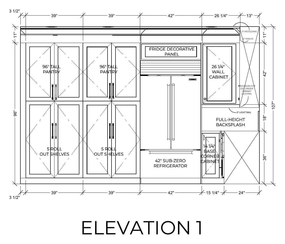 Cabinet elevation 1 for the Davis kitchen, dimensioned door by door