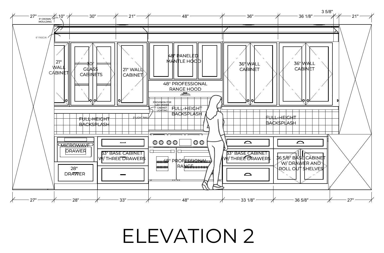 Cabinet elevation 2 for the Davis kitchen, dimensioned door by door