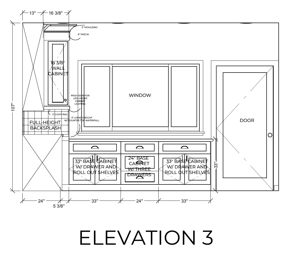 Cabinet elevation 3 for the Davis kitchen, dimensioned door by door