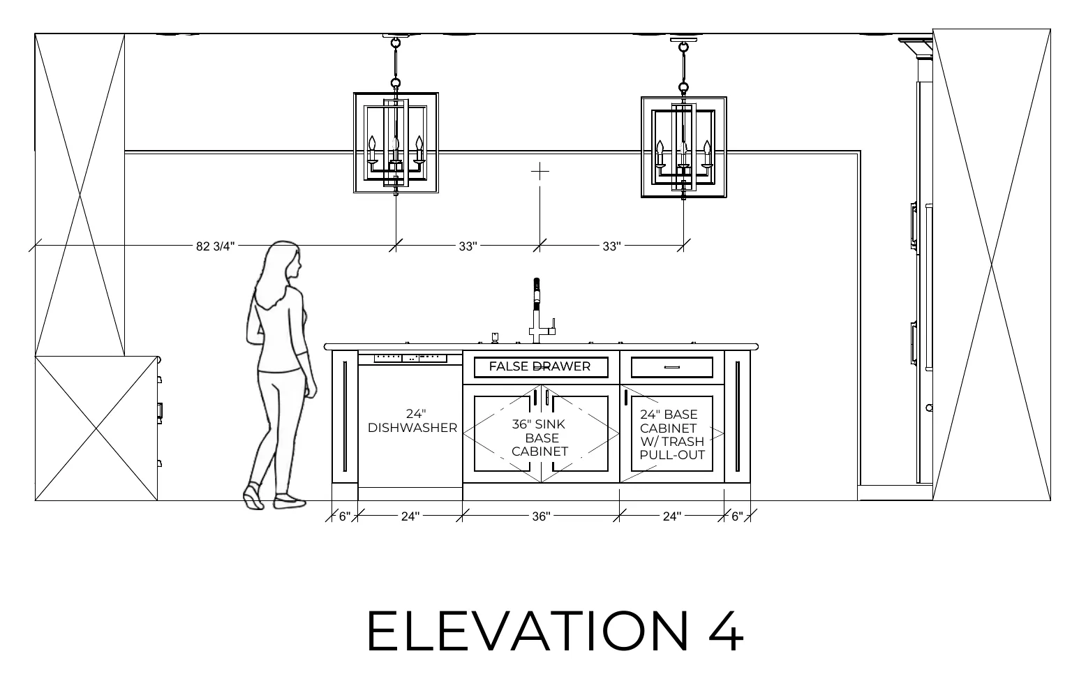 Cabinet elevation 4 for the Davis kitchen, dimensioned door by door