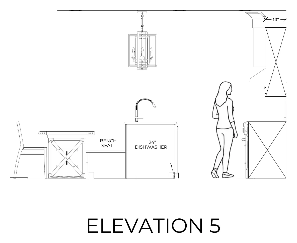 Cabinet elevation 5 for the Davis kitchen, dimensioned door by door