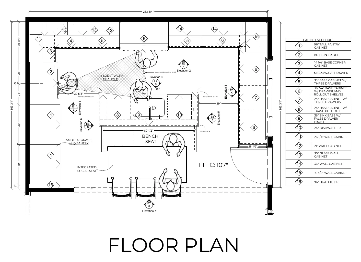 Chief Architect floor plan sheet A-2 for the Davis kitchen, dimensioned wall to wall with the cabinet run called out