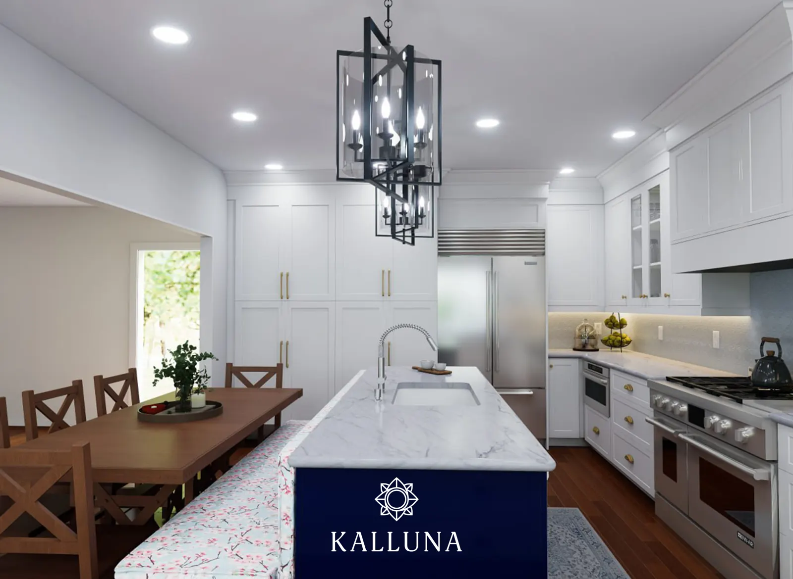 3D render looking down the length of the island toward the built-in fridge, with the table and bench seat on the left
