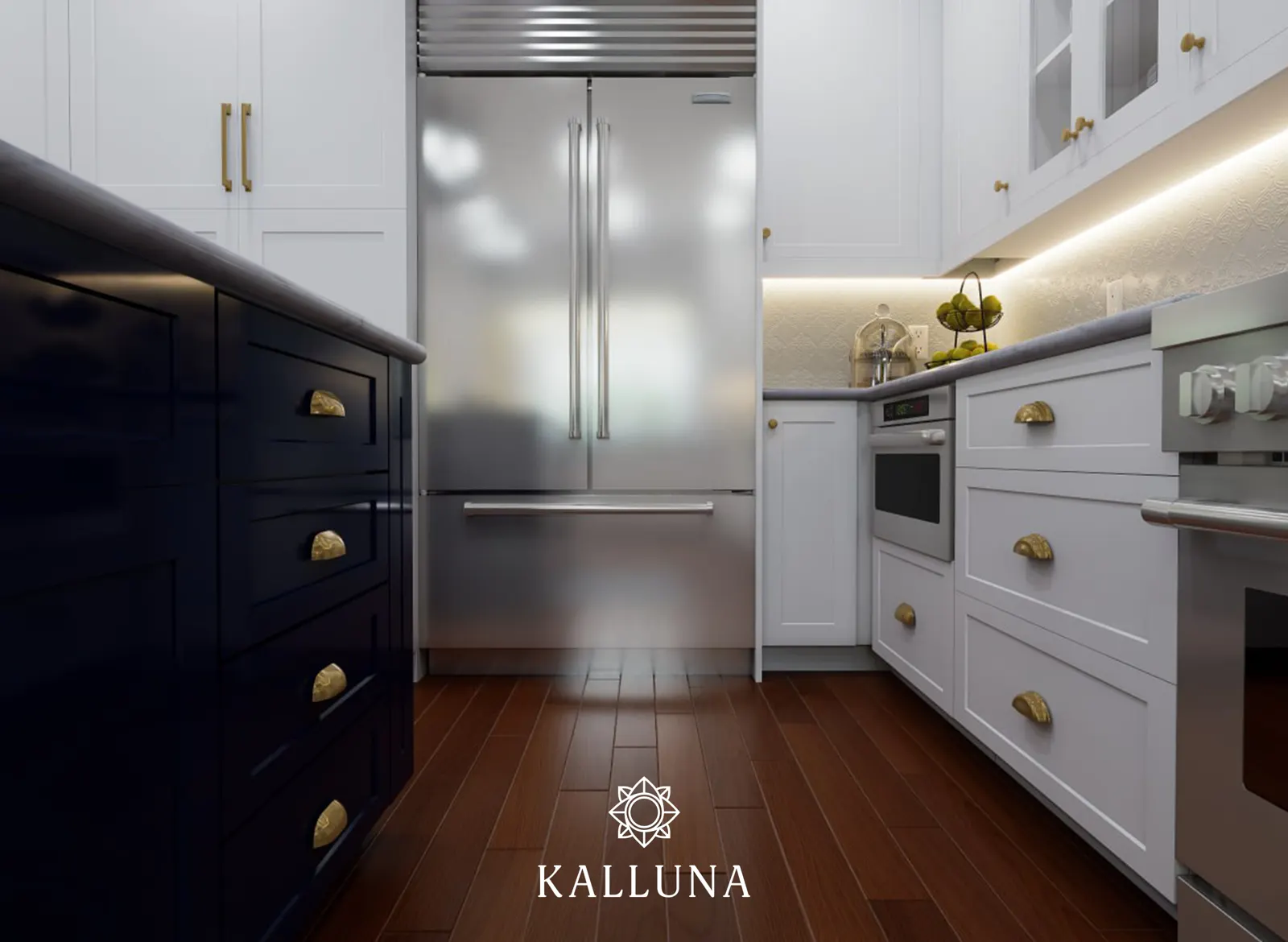 3D render detail of the navy island cabinets and the professional range on the opposite wall