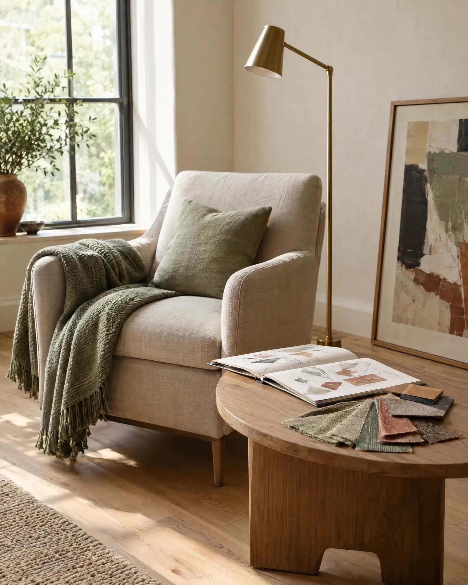 A warmly styled reading corner with an open design sketchbook and material swatches laid out on the table