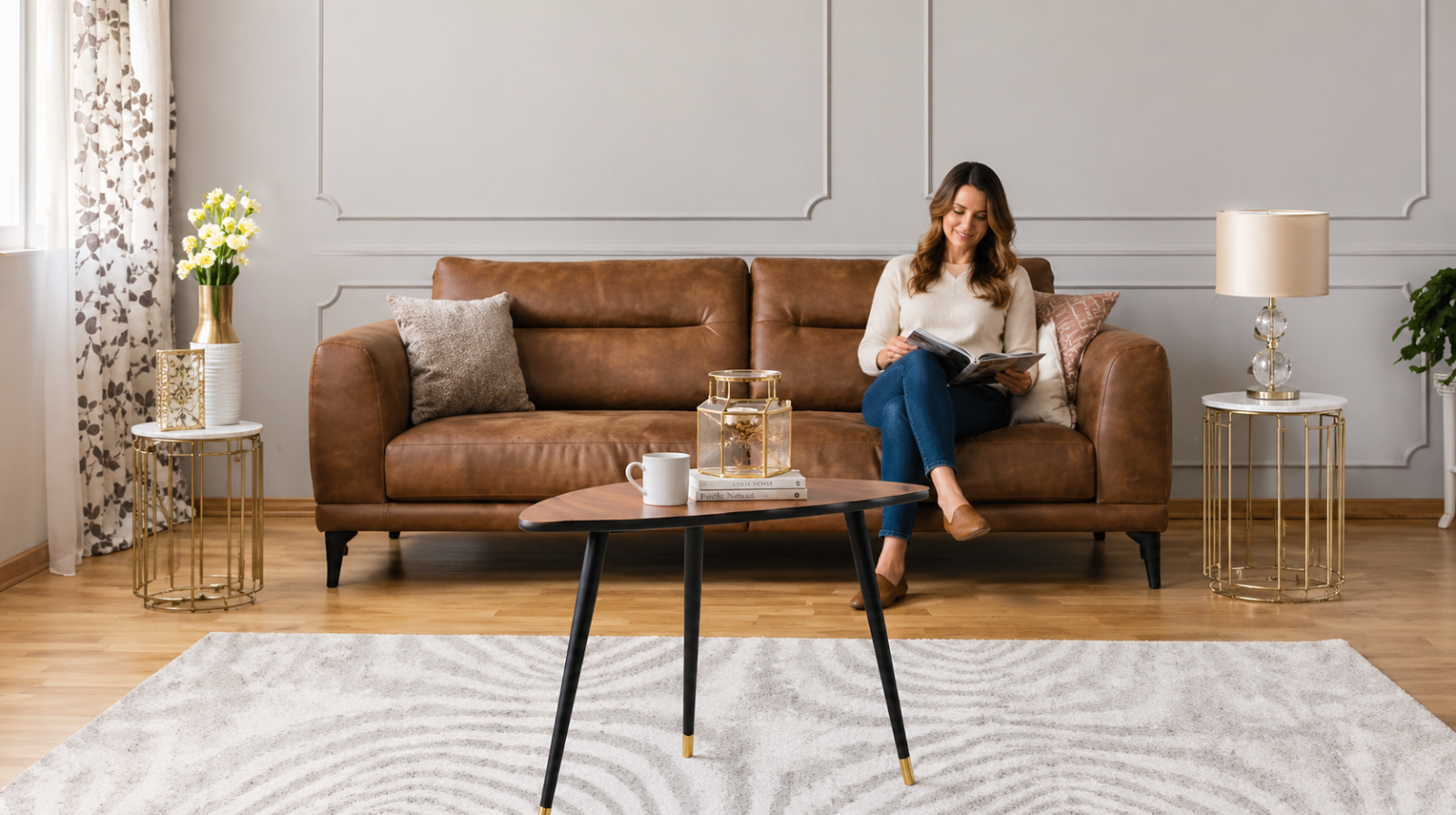 Bright living room with a woman sitting on a leather sofa in a clean, modern space