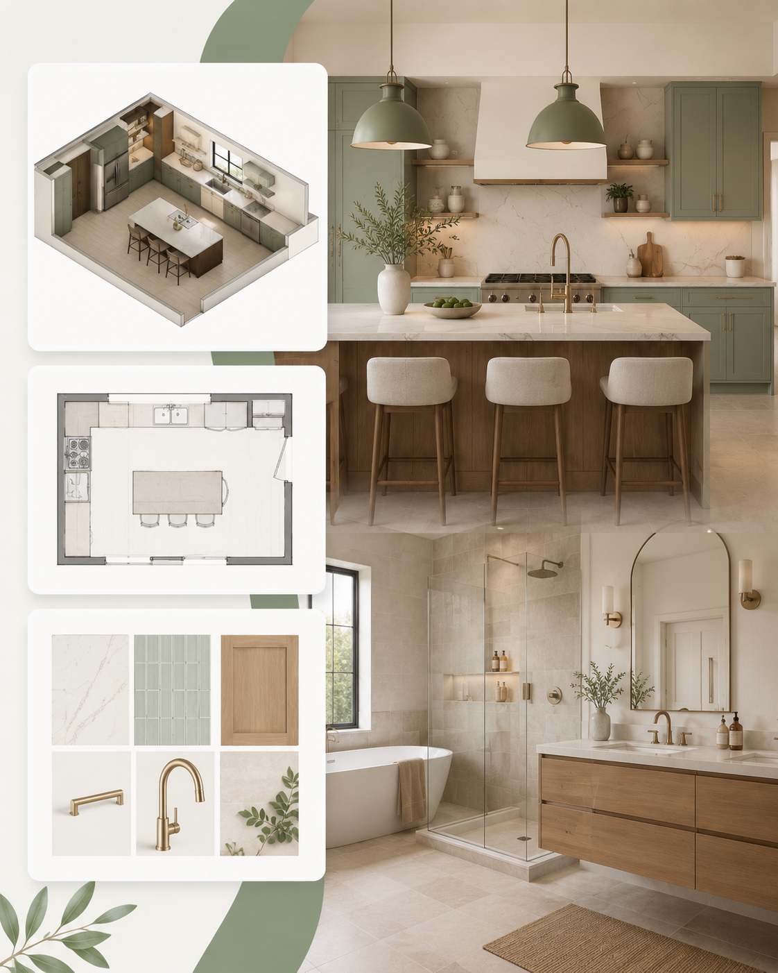 Kitchen and bath design process by Kalluna Interior Design showing floor plan, elevations, 3D rendering, and finished design details