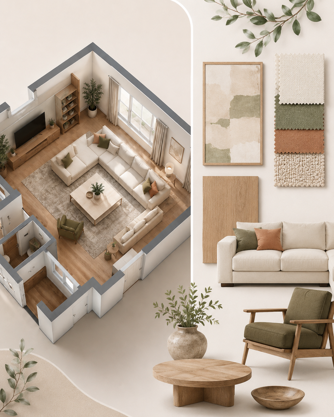 Whole-home 3D design planning by Kalluna Interior Design showing floor plans, materials, visual previews, and cohesive room-to-room design